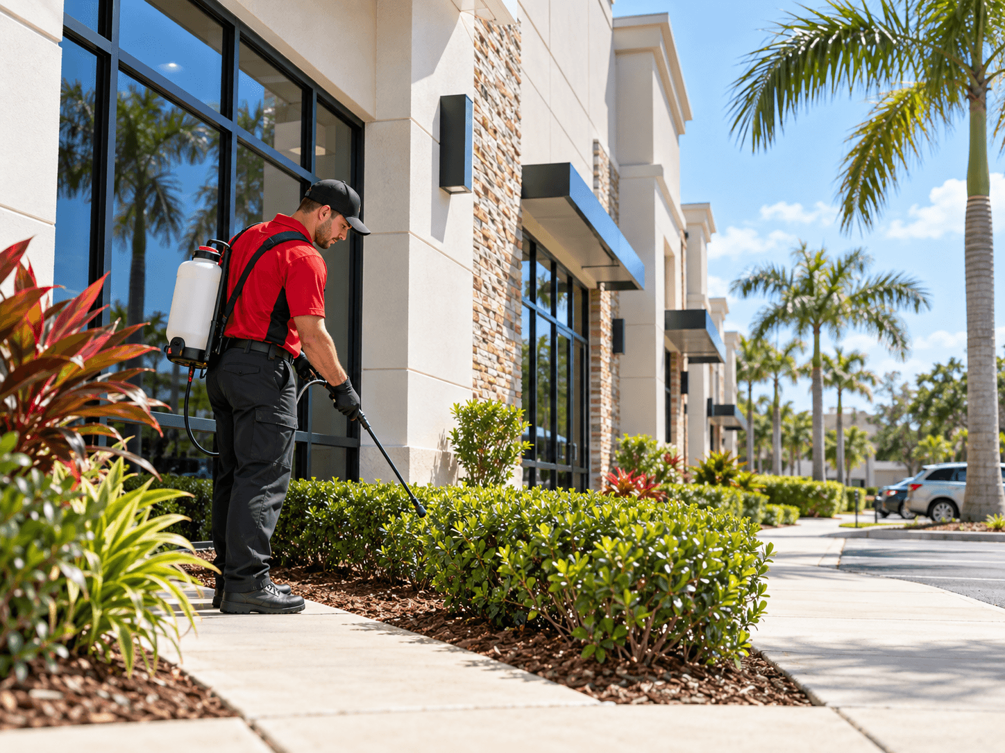 Technician treating the exterior of a commercial property
