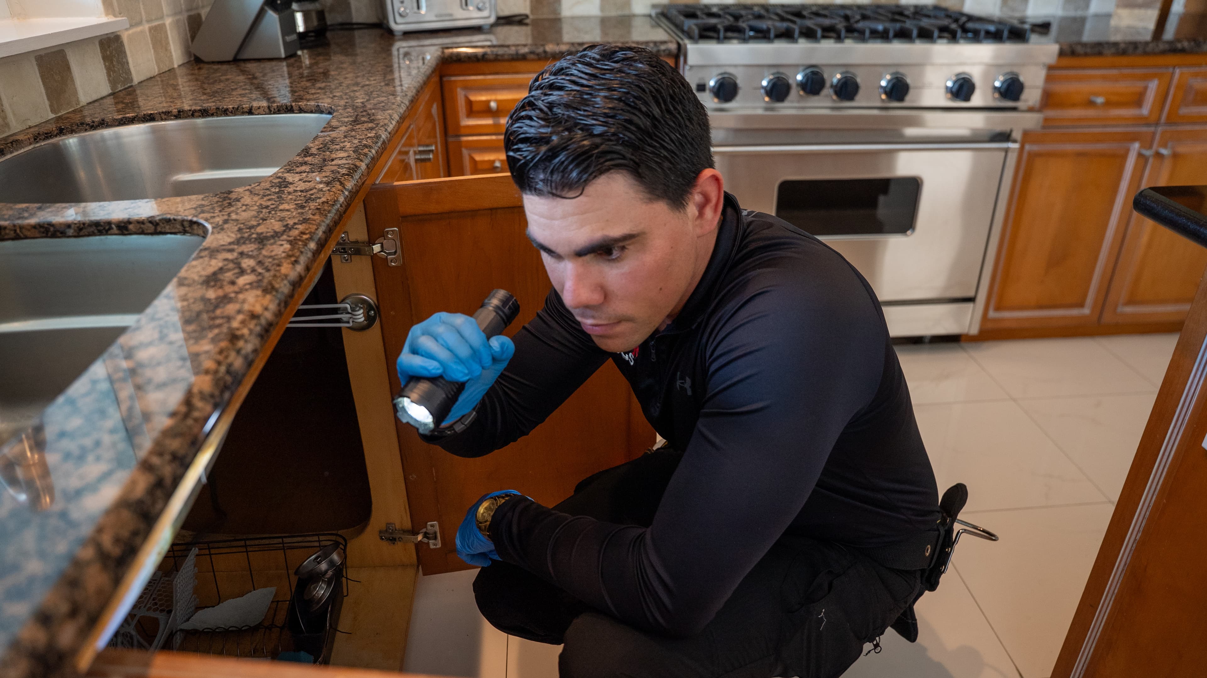 Bug The Bugs technician examining an open kitchen cabinet